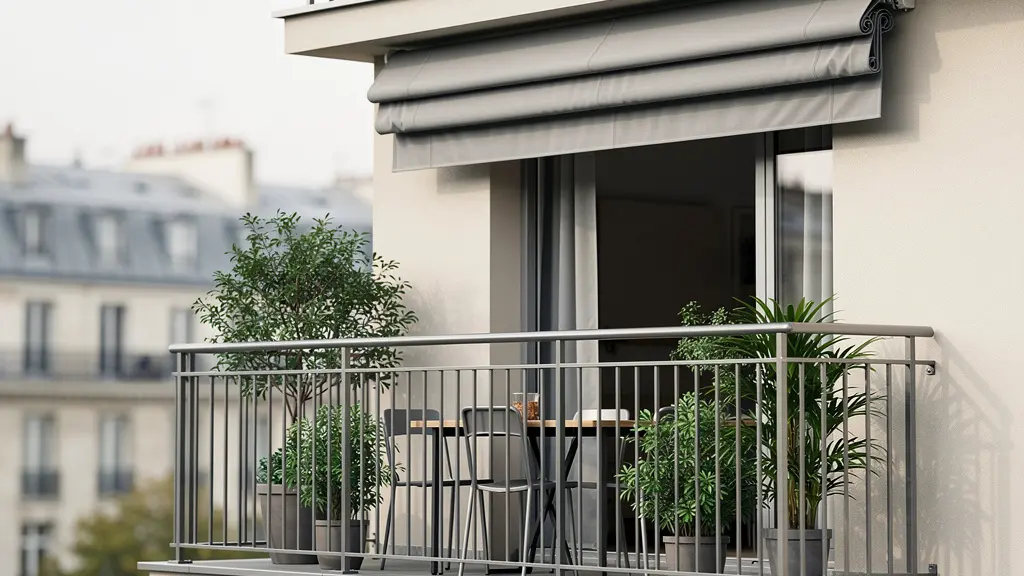 Balcon urbain avec store banne loggia replié contre façade