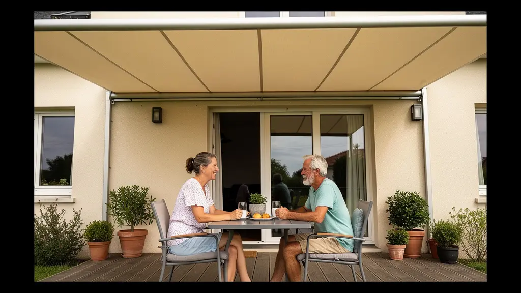 Famille profitant de l'ombre d'un store banne loggia sur terrasse ensoleillée