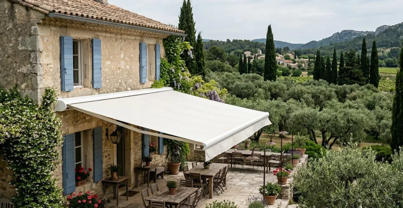 Store banne coffre intégral déployé sur terrasse provençale avec légère brise