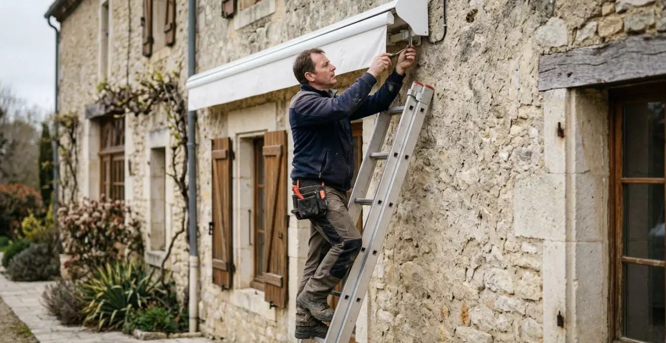 Technicien inspectant la fixation d'un store banne motorisé en façade
