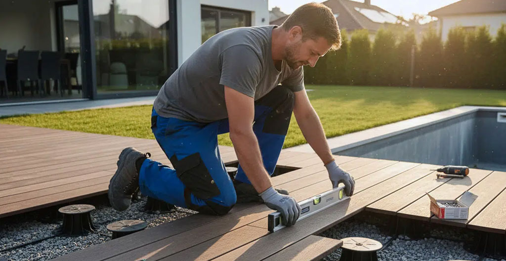 Terrasse en bois avec kit de lestage visible au pied d'un store, jardin en arrière-plan