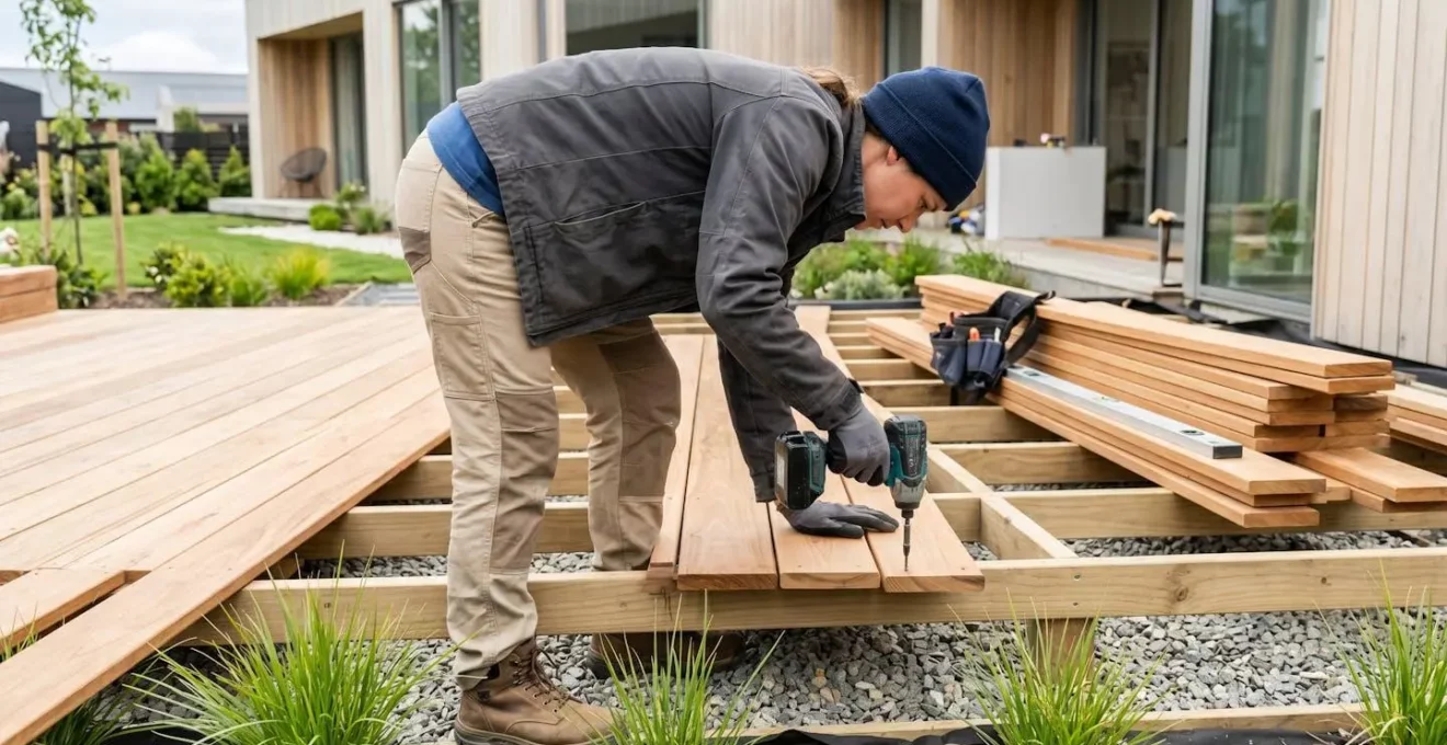 Un paysagiste vu de dos ou de profil en train d'installer une structure aluminium pour terrasse bois sur un chantier propre et organisé, avec équipement professionnel moderne