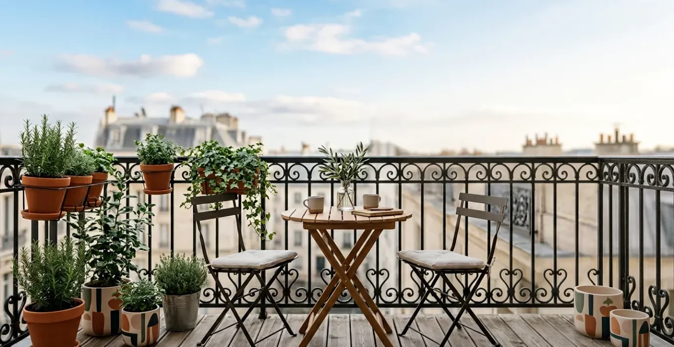 Petit balcon français aménagé avec mobilier pliant et végétation urbaine