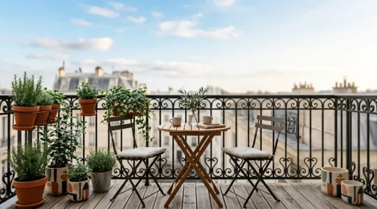 Petit balcon français aménagé avec mobilier pliant et végétation urbaine