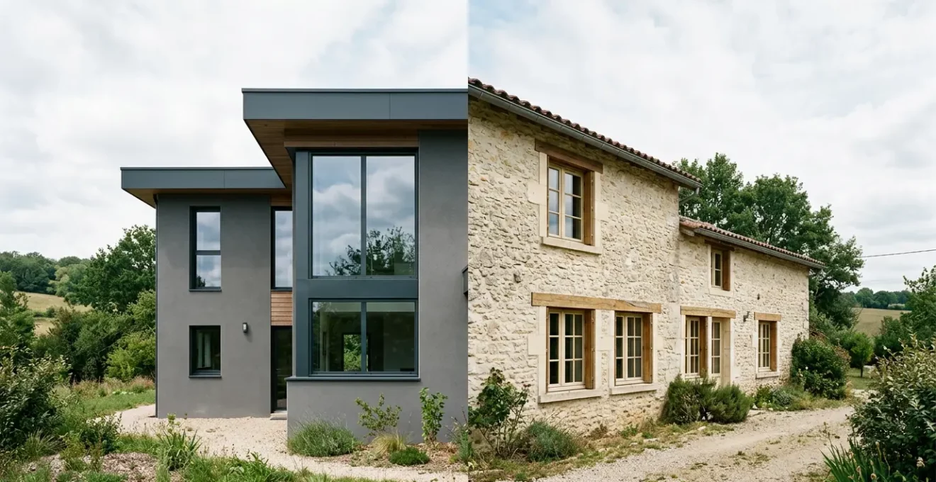 Comparaison architecturale entre une maison contemporaine avec fenêtres aluminium et une longère traditionnelle française avec menuiseries classiques
