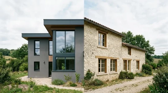 Comparaison architecturale entre une maison contemporaine avec fenêtres aluminium et une longère traditionnelle française avec menuiseries classiques