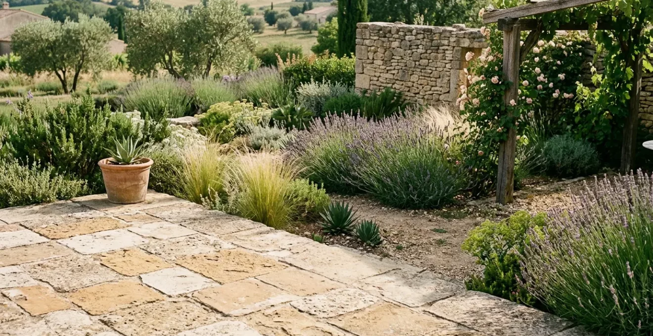 Jardin paysager français unique avec terrasse en pierre ancienne et compositions végétales personnalisées
