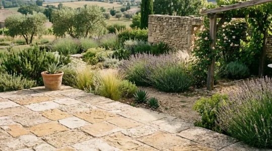 Jardin paysager français unique avec terrasse en pierre ancienne et compositions végétales personnalisées