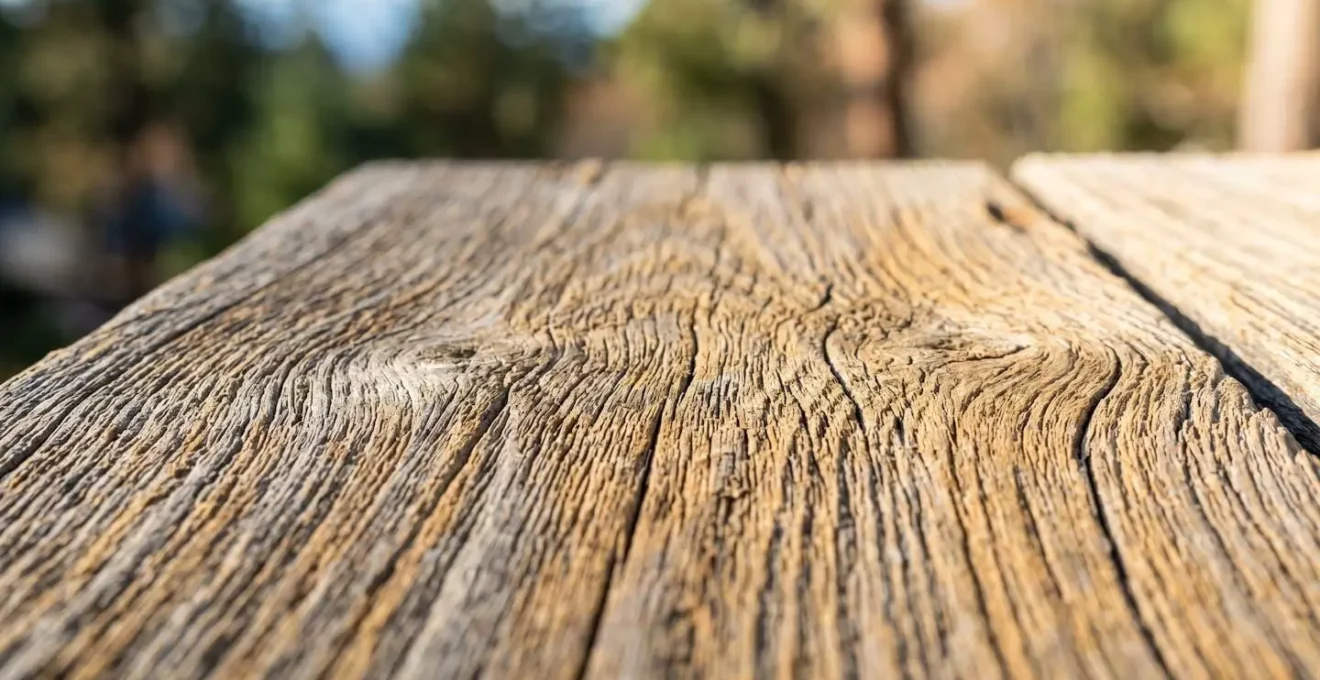 Gros plan sur le grain et les veinures naturelles d'une lame de terrasse en bois thermo-traité, avec finition mate contemporaine et surface propre