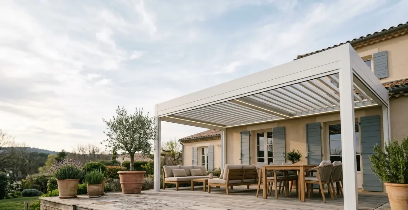 Terrasse moderne française avec pergola bioclimatique en aluminium blanc sous un ciel de printemps lumineux
