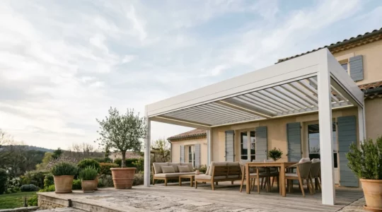 Terrasse moderne française avec pergola bioclimatique en aluminium blanc sous un ciel de printemps lumineux