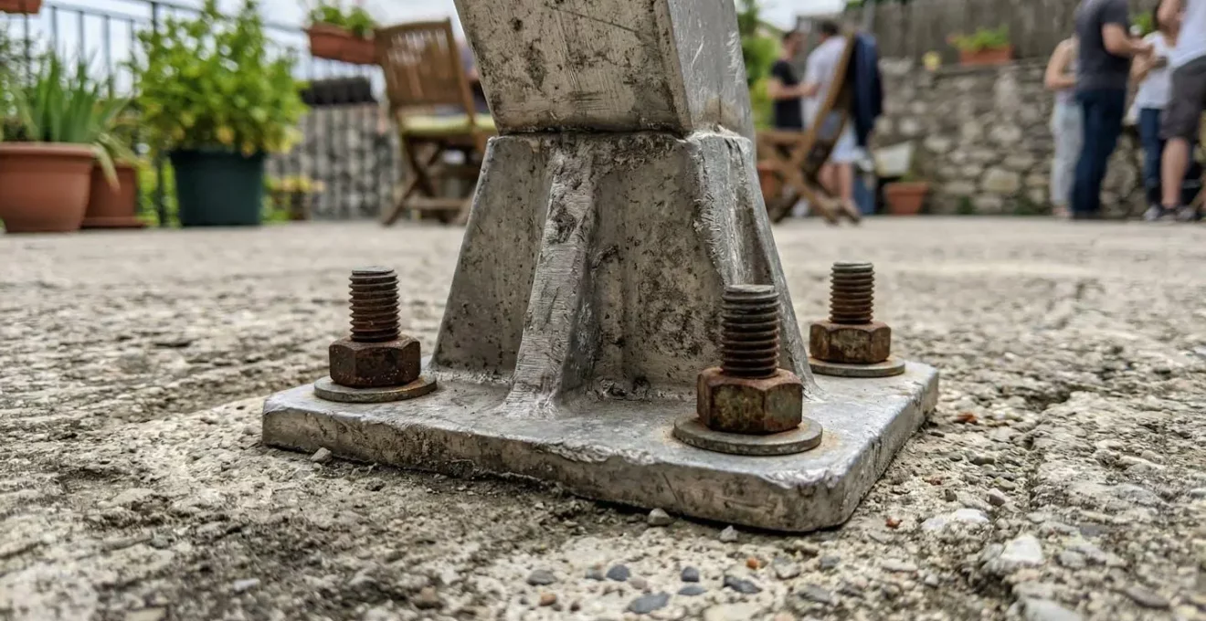 Gros plan sur un pied de store en aluminium ancré dans une dalle béton, texture métallique visible