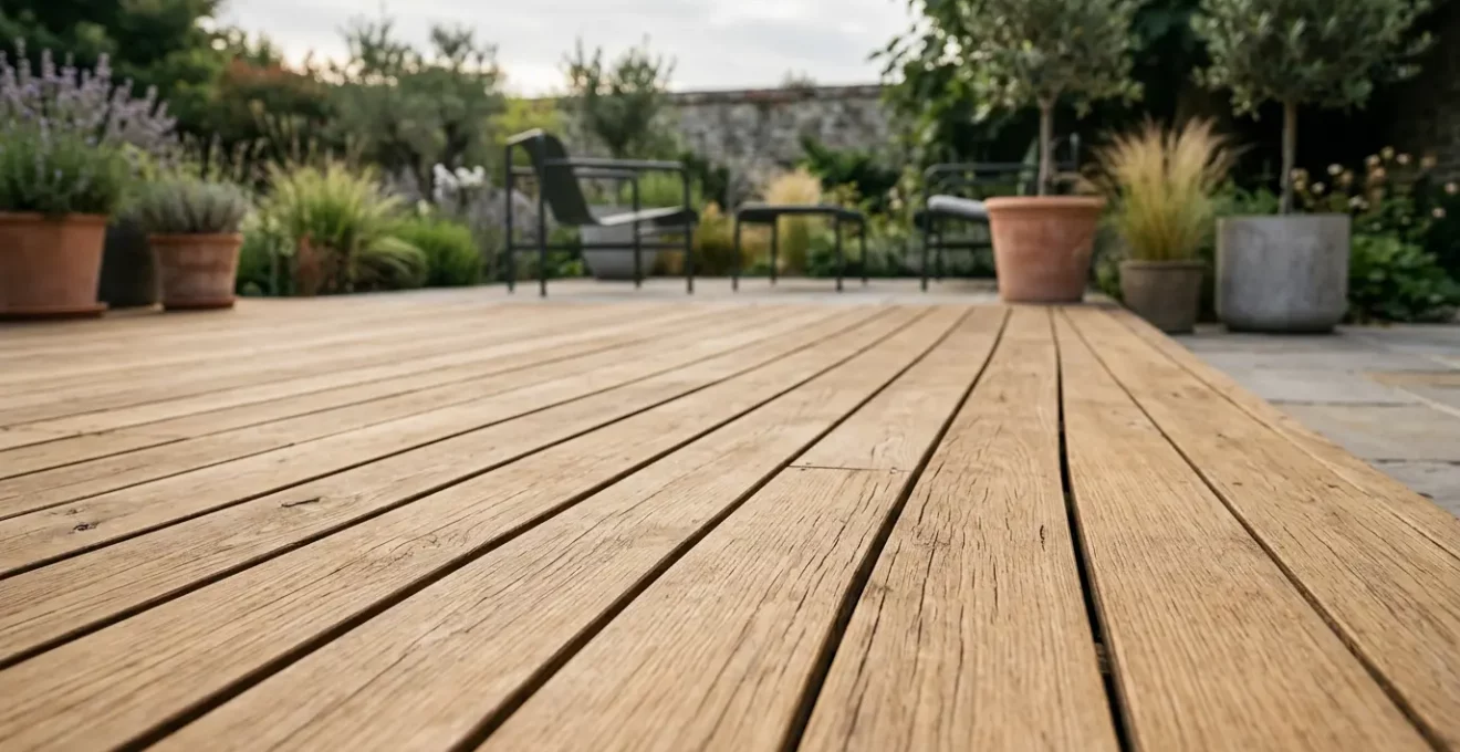 Terrasse en bois naturel avec lames espacées correctement montrant une installation professionnelle et durable