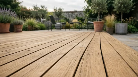 Terrasse en bois naturel avec lames espacées correctement montrant une installation professionnelle et durable