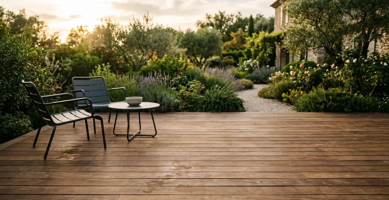 Terrasse en bois exotique élégante avec mobilier de jardin et vue sur jardin paysager français