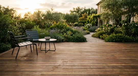 Terrasse en bois exotique élégante avec mobilier de jardin et vue sur jardin paysager français