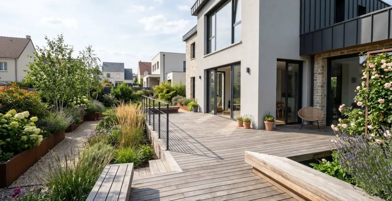 Une terrasse en bois aux lignes épurées installée dans un jardin résidentiel à Antony, avec mobilier design sobre et végétation structurée en arrière-plan sous lumière naturelle d'après-midi