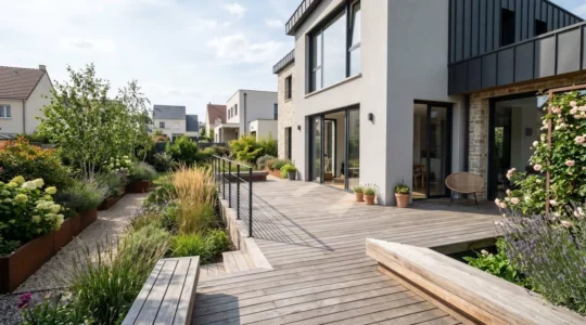 Une terrasse en bois aux lignes épurées installée dans un jardin résidentiel à Antony, avec mobilier design sobre et végétation structurée en arrière-plan sous lumière naturelle d'après-midi