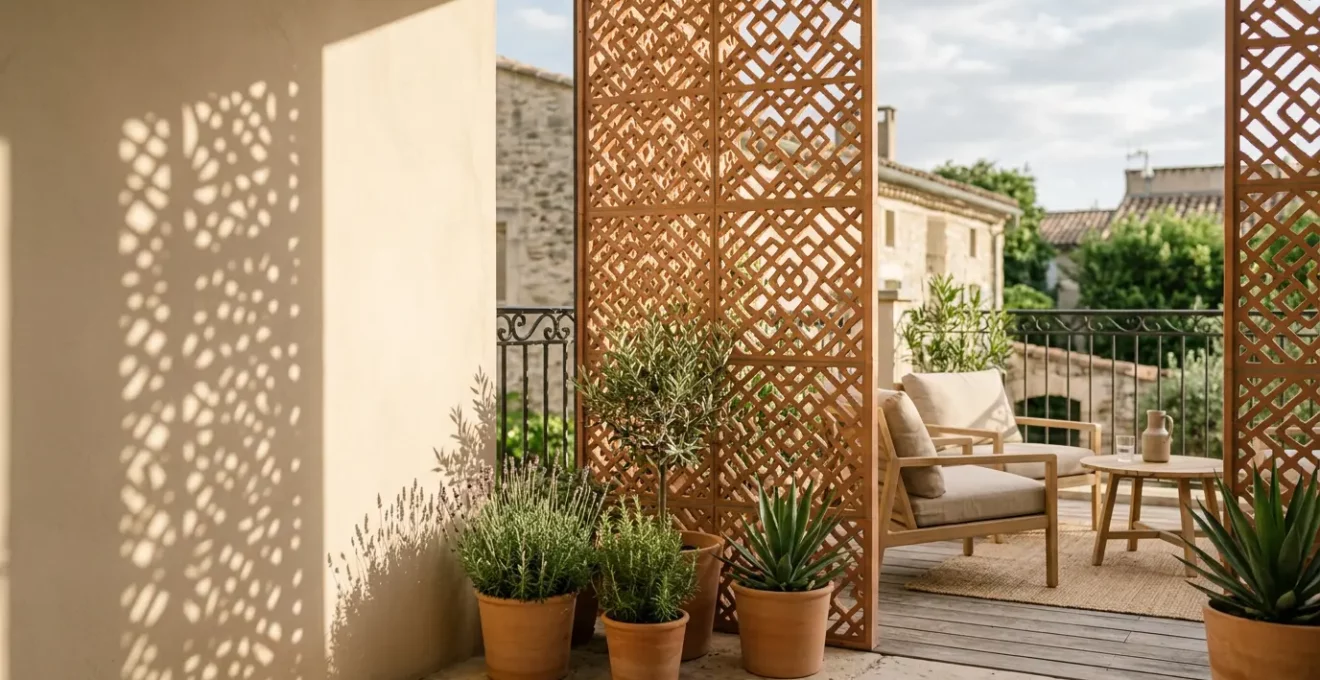 Terrasse moderne avec claustra ajouré créant intimité et lumière naturelle