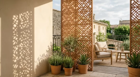 Terrasse moderne avec claustra ajouré créant intimité et lumière naturelle