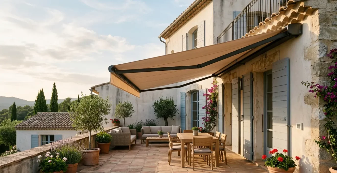 Terrasse française contemporaine équipée d'un système de protection solaire automatisé pour le confort estival