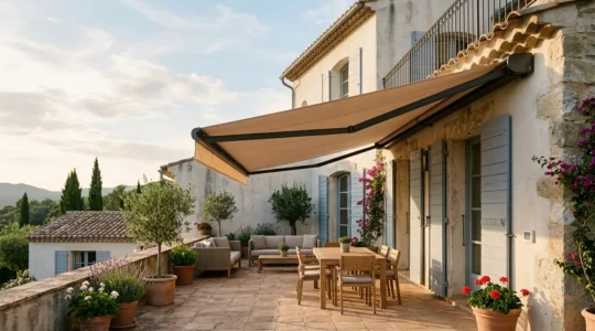 Terrasse française contemporaine équipée d'un système de protection solaire automatisé pour le confort estival