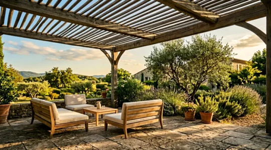 Terrasse extérieure ombragée profitant d'une protection solaire naturelle créant un espace frais sans climatisation