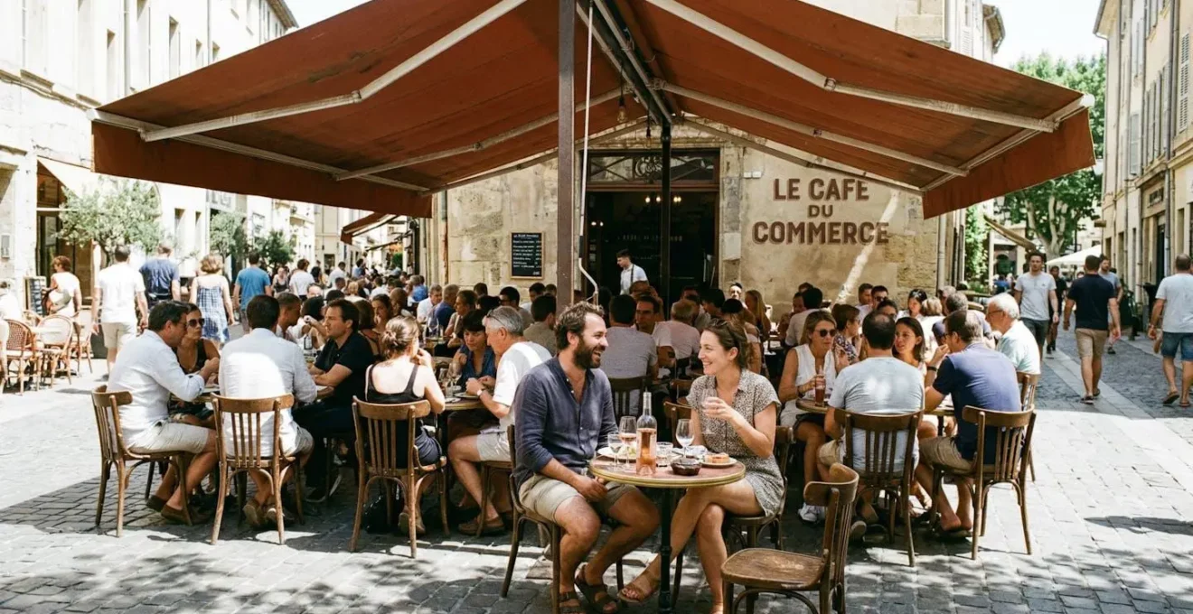 Une terrasse de café en plein service avec un store double pente déployé au-dessus des tables, lumière naturelle de mi-journée