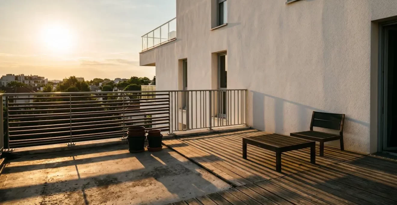 Représentation visuelle de l'angle du soleil rasant sur une terrasse ouest en fin de journée d'été