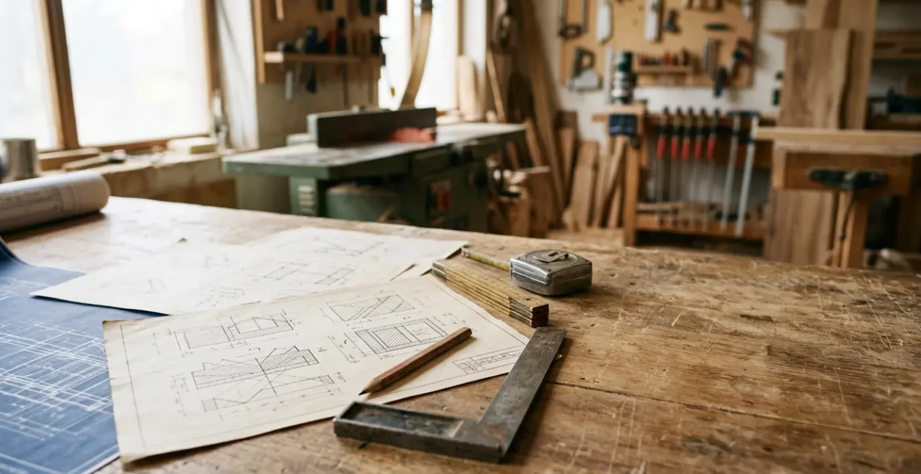 Professionnel consultant un document technique de construction avec des outils de menuiserie en arrière-plan