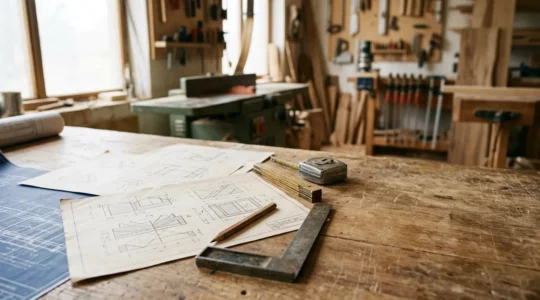 Professionnel consultant un document technique de construction avec des outils de menuiserie en arrière-plan
