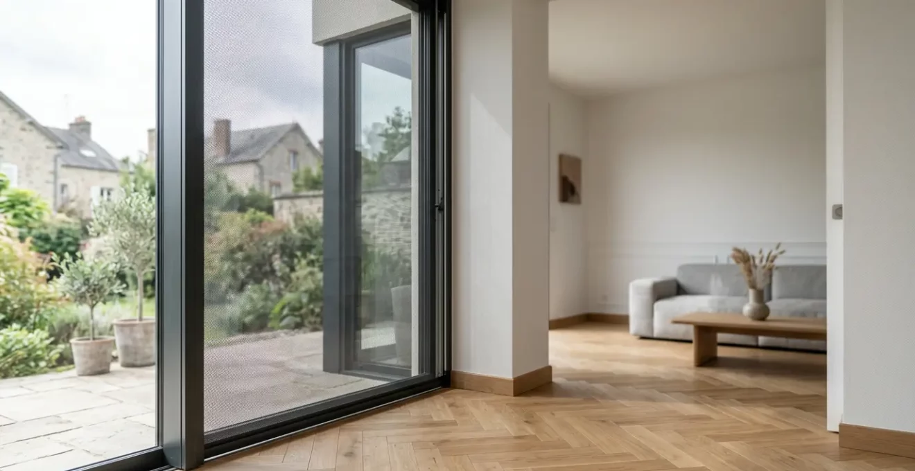 Grande baie vitrée moderne de 3 mètres de haut équipée d'un store vertical extérieur, vue depuis l'intérieur d'un salon contemporain français