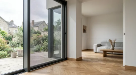 Grande baie vitrée moderne de 3 mètres de haut équipée d'un store vertical extérieur, vue depuis l'intérieur d'un salon contemporain français
