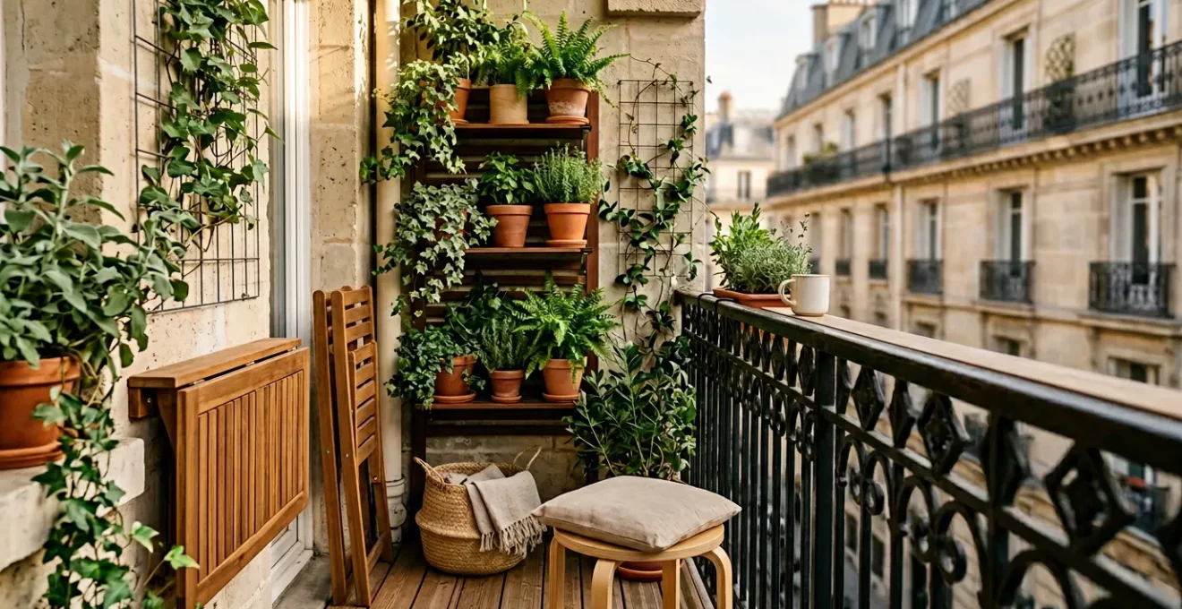 Balcon urbain compact de 3 mètres carrés avec mobilier pliable, coin repas et végétation verticale