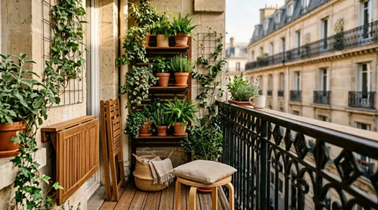 Balcon urbain compact de 3 mètres carrés avec mobilier pliable, coin repas et végétation verticale