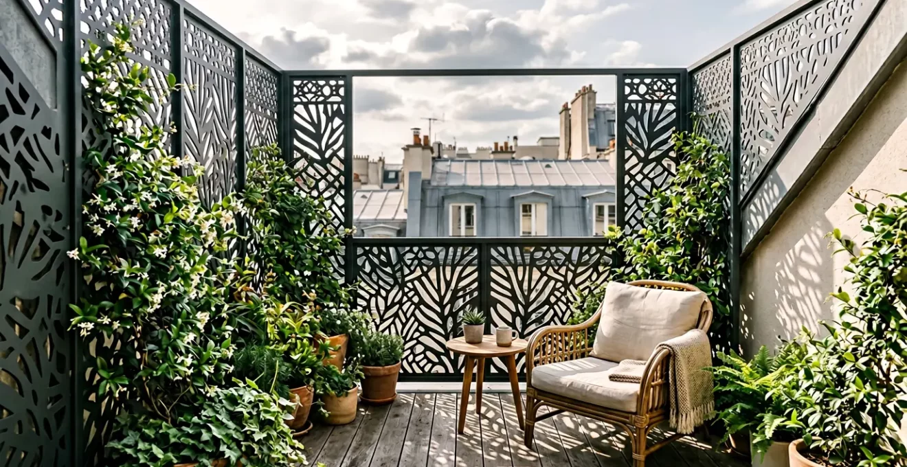 Balcon urbain français transformé avec brise-vue décoratif et plantes grimpantes créant un espace intime et élégant