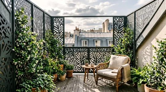 Balcon urbain français transformé avec brise-vue décoratif et plantes grimpantes créant un espace intime et élégant