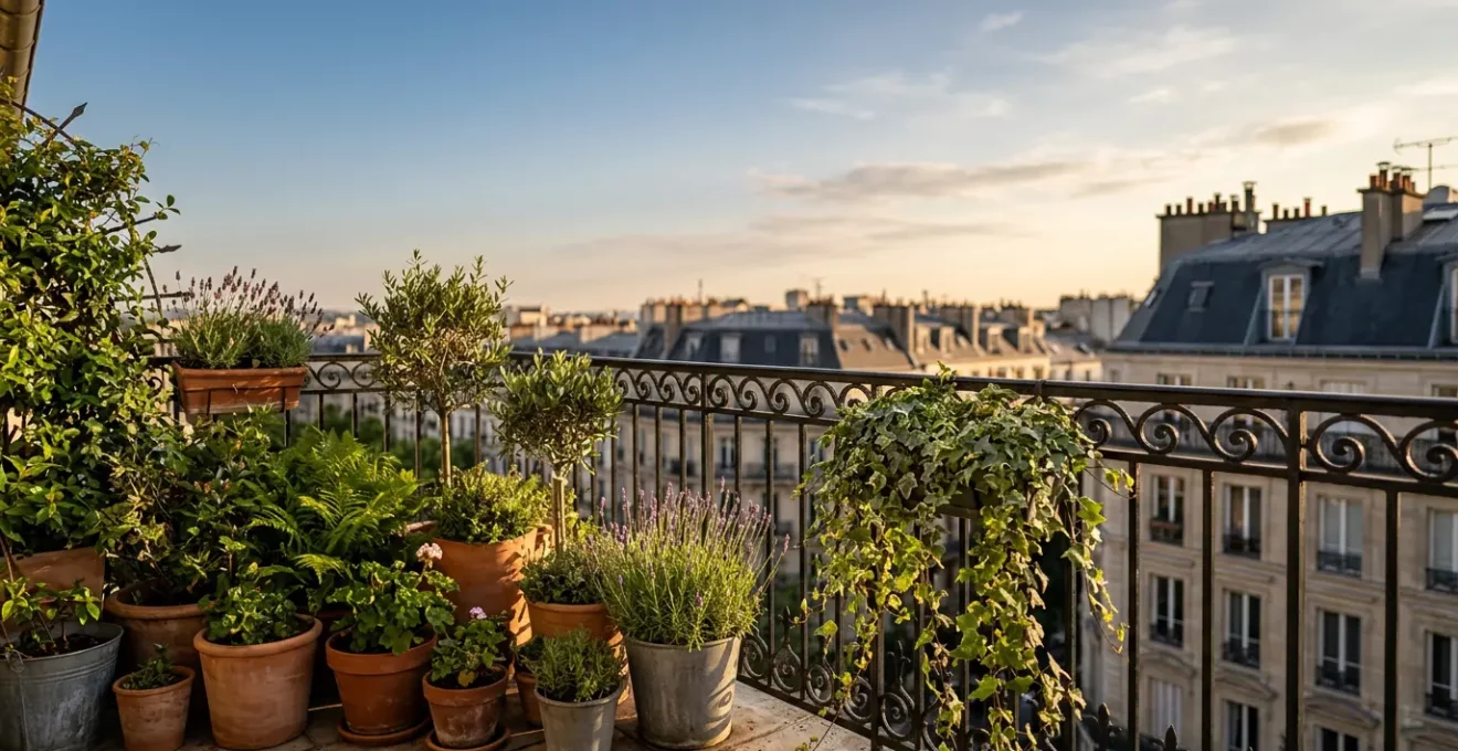 Balcon urbain parisien végétalisé avec des plantes résistantes à la pollution