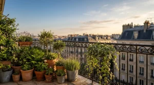 Balcon urbain parisien végétalisé avec des plantes résistantes à la pollution