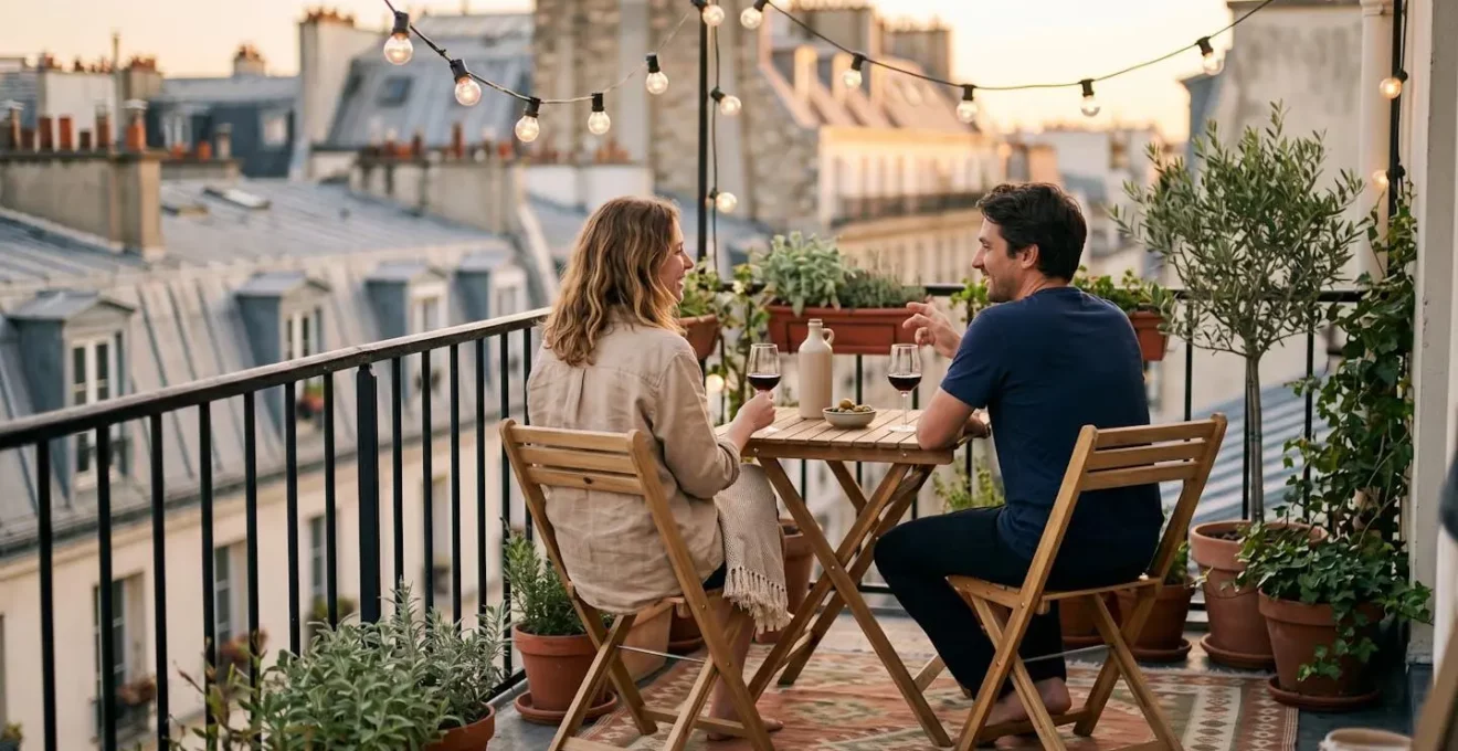 Vue d'ensemble d'un balcon urbain transformé en salon d'été avec mobilier pliant et éclairage d'ambiance