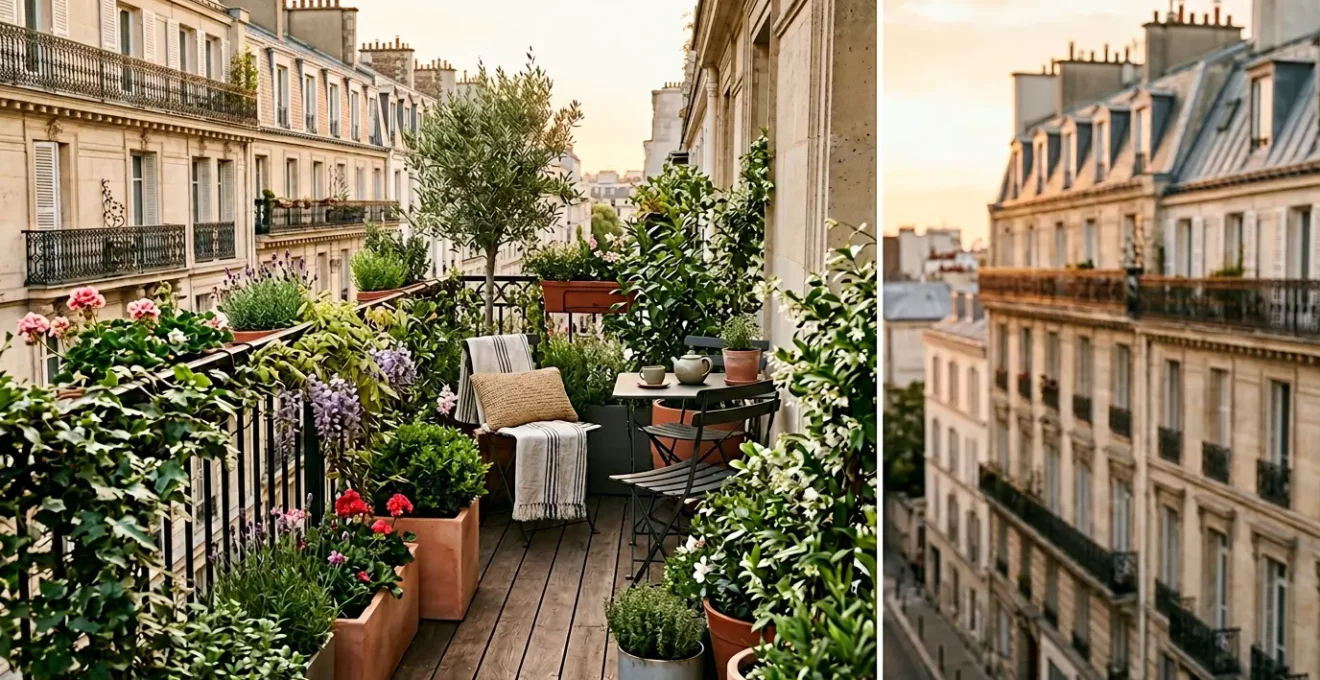 Balcon urbain français avec végétation luxuriante et aménagement moderne valorisant un bien immobilier locatif