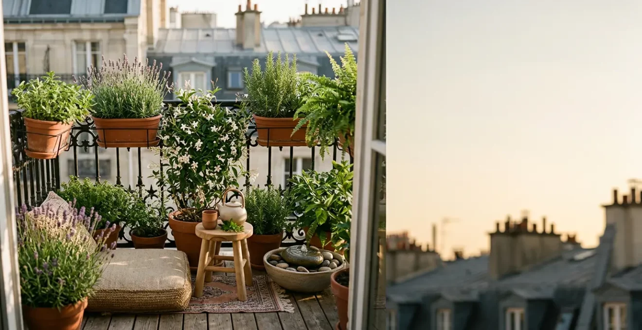 Balcon français végétalisé transformé en espace zen apaisant avec plantes, assise confortable et ambiance sereine