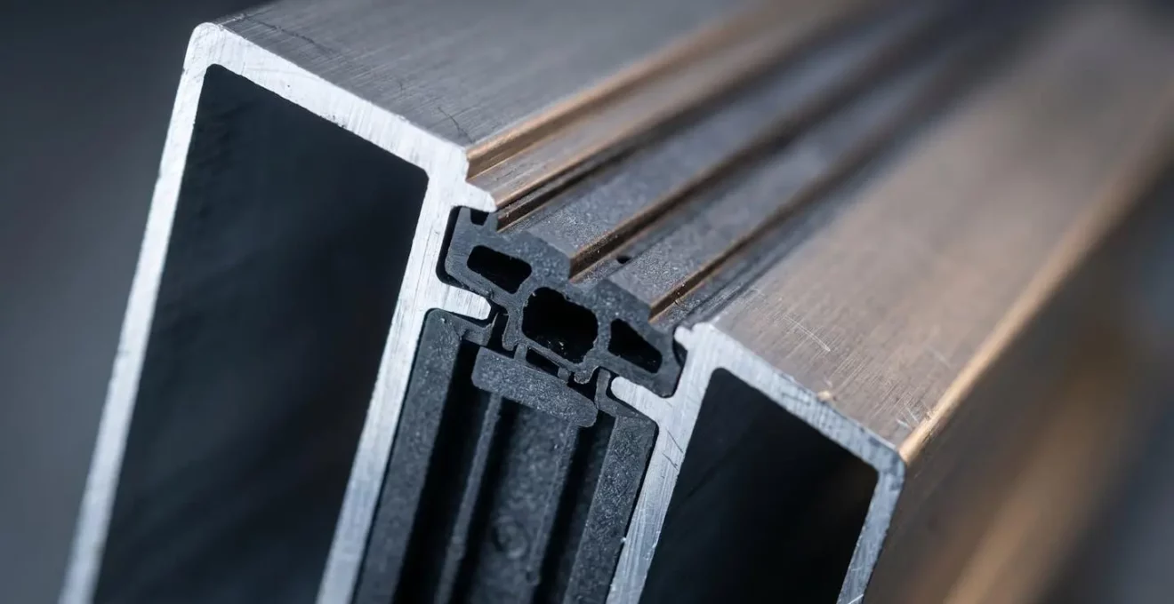 Gros plan macro sur une section de profilé aluminium révélant la barrette isolante en polyamide au centre