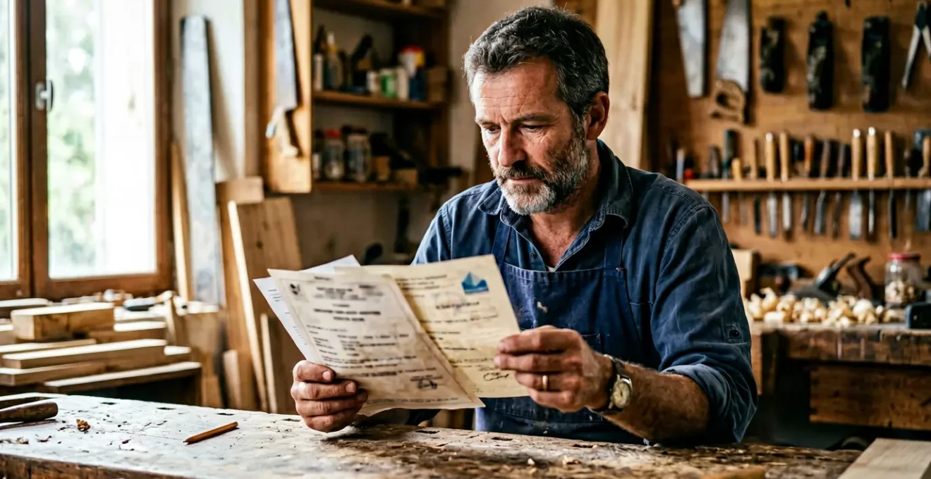 Professionnel de la menuiserie vérifiant des documents et certificats dans son atelier