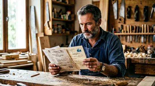 Professionnel de la menuiserie vérifiant des documents et certificats dans son atelier