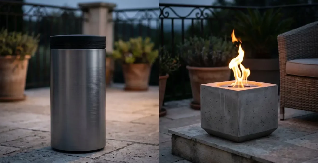 Mise en scène comparative entre un chauffage radiant électrique et un brasero au bioéthanol sur une terrasse moderne