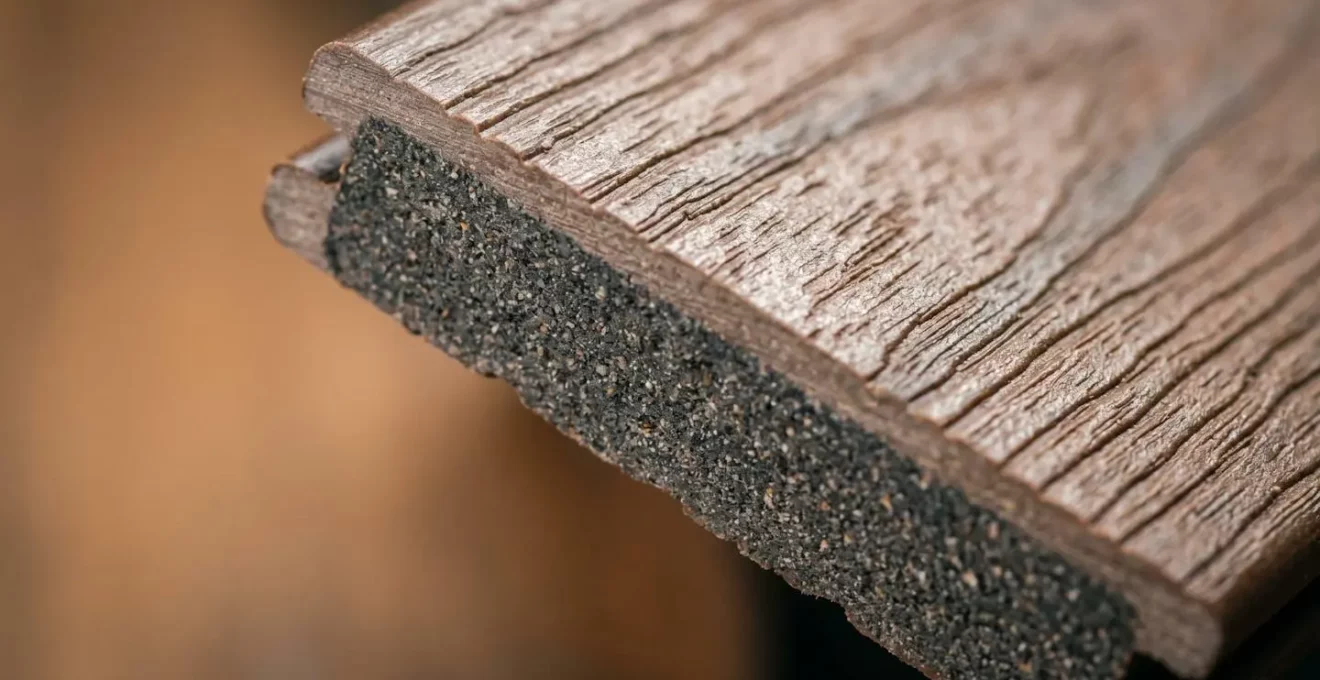 Vue rapprochée macro de la texture et structure d'une lame de terrasse composite, montrant les détails de surface et la qualité du matériau