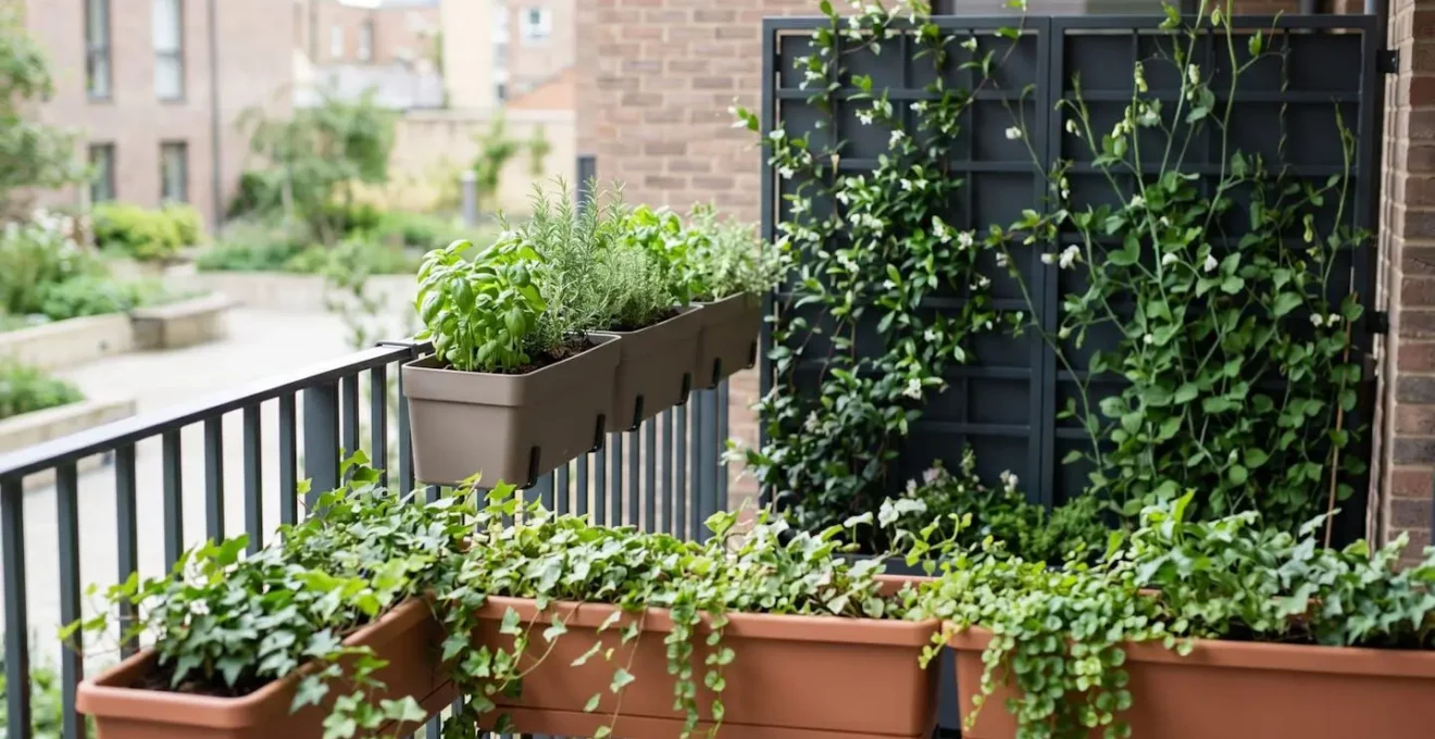 Composition en trois plans avec jardinières à différentes hauteurs créant de la profondeur