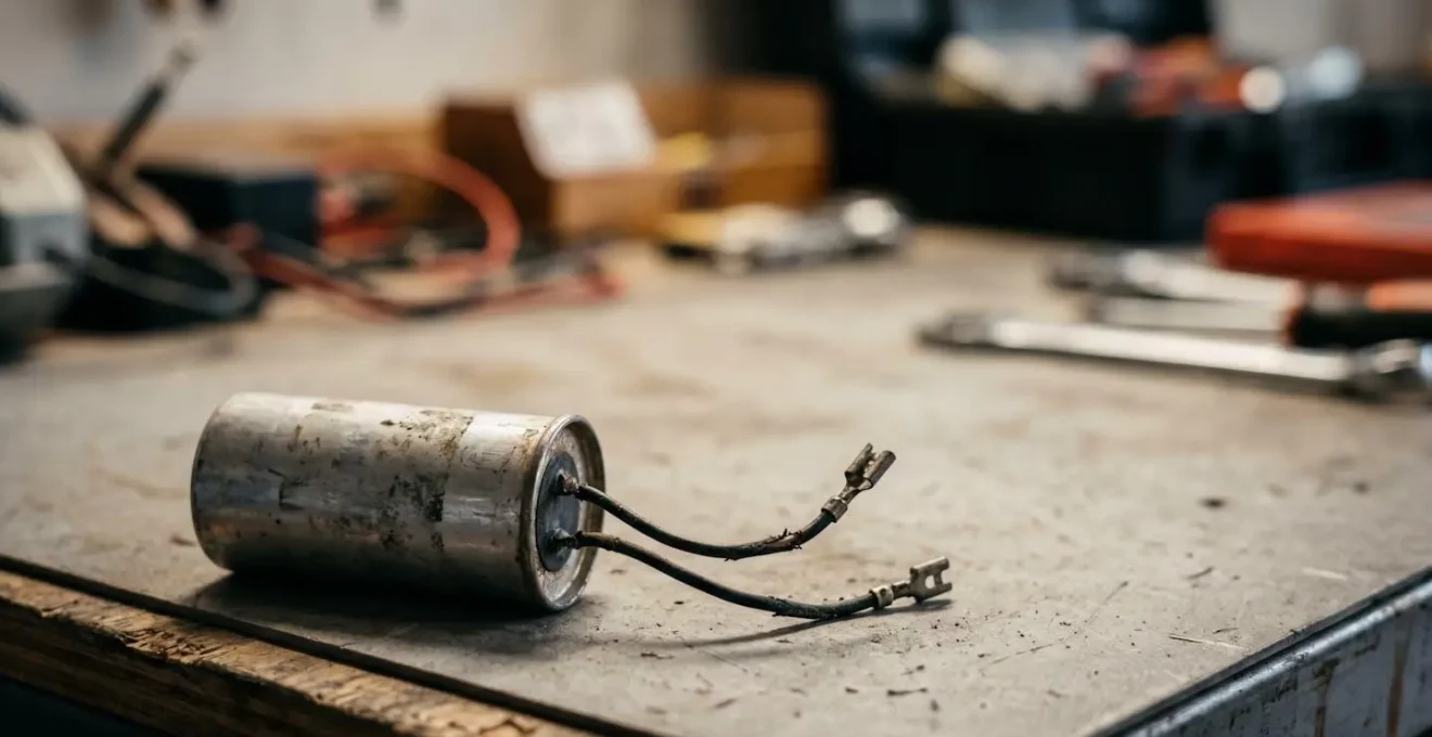 Vue rapprochée d'un condensateur de moteur de store électrique montrant les détails techniques