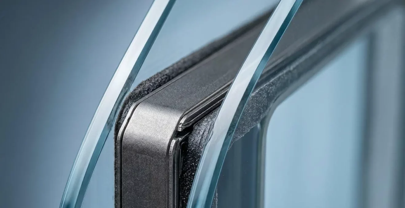 Vue macro détaillée de l'intercalaire warm edge d'un double vitrage haute performance
